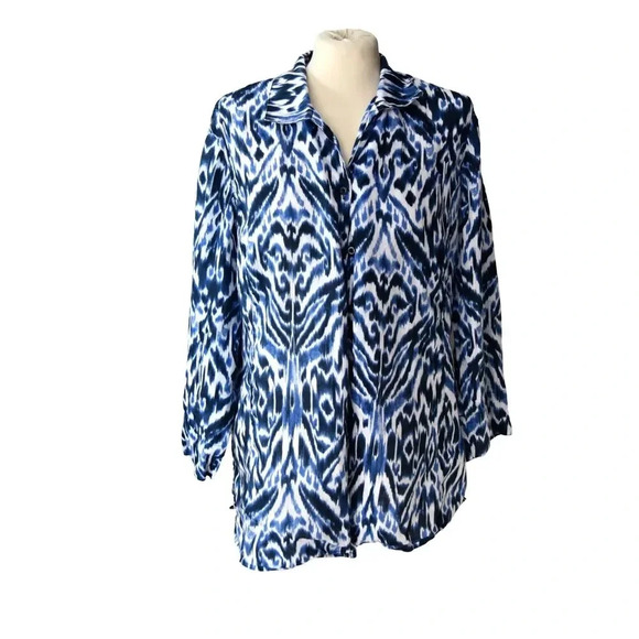 Chico's Button Up Shirt Women Size L/12 (2) Blue 100% Linen Ikat Long Sleeve - Picture 1 of 7